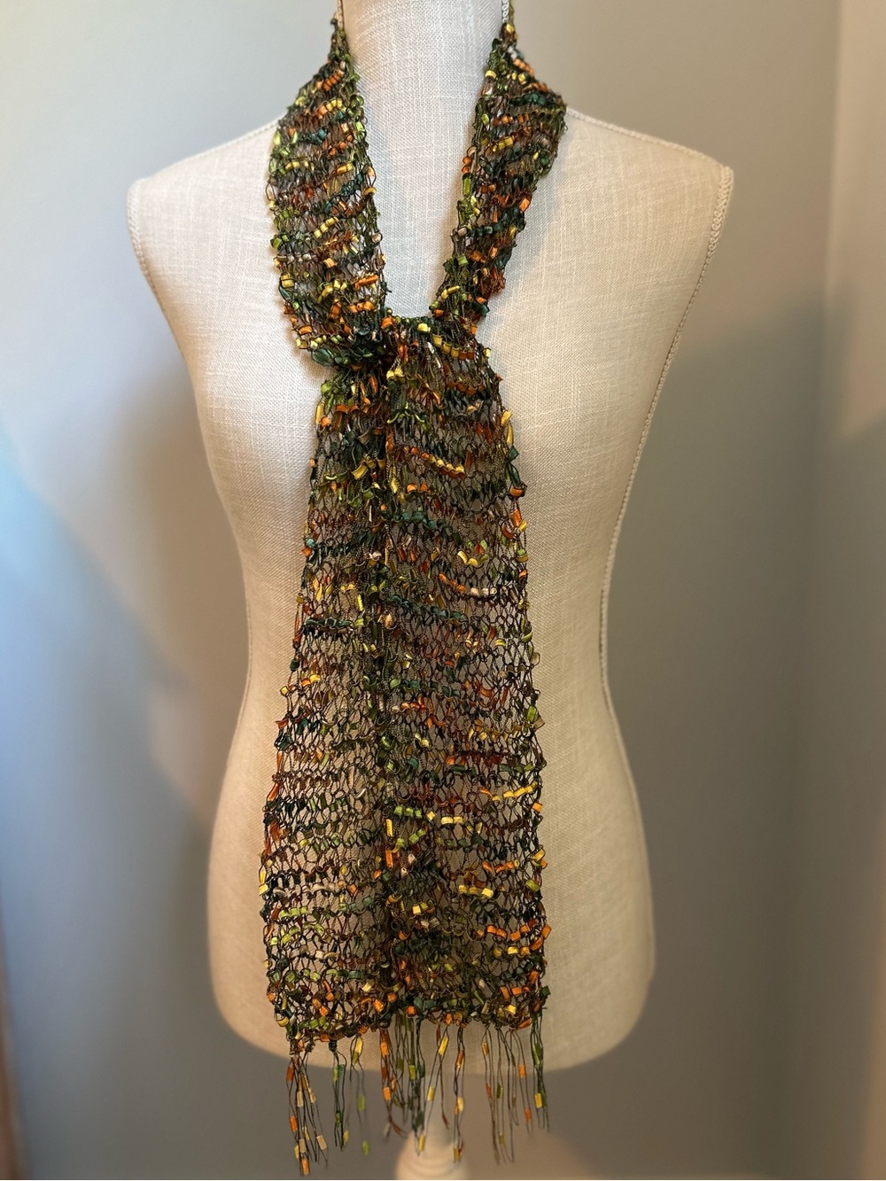 Handcrafted Multi Color Ladder Ribbon Knit Scarf - Picture 4 of 5